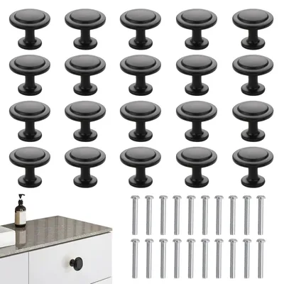 Image de Boutons de meubles ronds noirs, lot de 20, boutons mats pour commodes, boutons d'armoire de 30 mm, boutons de cuisine, poignées d'armoire, poignées de tiroir avec vis pour armoires, tiroirs, cuisines et penderies
