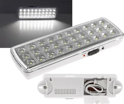 A collage of images showing an LED emergency light from different angles, including a close-up of the LEDs and controls, and a view of the back with the power cord compartment.