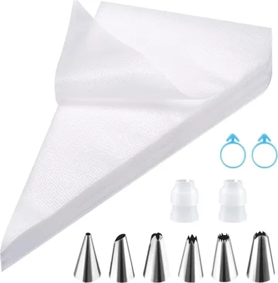 Produktbild von Spritzbeutel Einweg, 100 Stš¹ck Spritzbeutel 20 * 30CM + 6 Spritztš¹llen + 2 Kuchentš¹llen + Zwei Spritzbeutel-Oberseiten-Gummib?nder zum Dekorieren von Kuchen und Keksen
