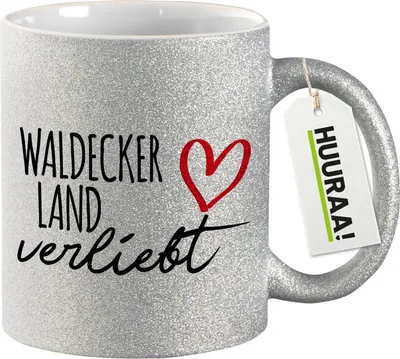 Produktbild von Huuraa Glitzertasse Waldecker Land verliebt 330ml Silber Keramik Kaffeebecher Geschenkidee