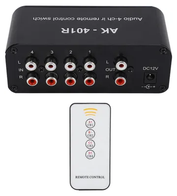 Zdjęcie produktu dla Przełącznik audio 4 w 1 wyjście DC 12 V RCA selektor sygnału rozgałęźnik z pilotem zdalnego sterowania