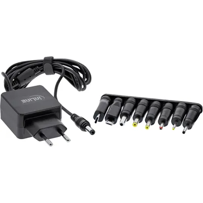 Produktbild von InLine Universal Steckernetzteil, 5V/15W, mit 8 Wechselsteckern Micro-USB USB-C, 100 - 240 V, 50 / 60 Hz, 3000 mA, Schwarz, 1,8 m, 45 mm