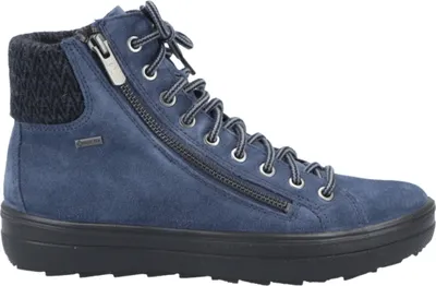 A blue suede boot with a zipper and laces on a white background.