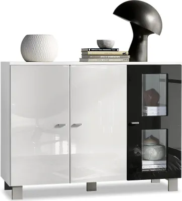 Produktbild von Vladon Sideboard Denjo, Germany, Kommode mit 3 Türen, Weiß matt/Weiß Hochglanz/Schwarz Hochglanz (107 x 81 x 35 cm)