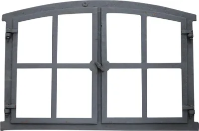 A gray, antique-style iron window with multiple panes, presented against a white background.