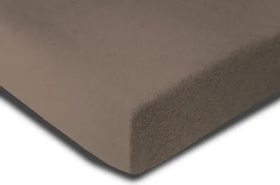 A close-up view of a taupe fitted sheet, showing its texture and corner.