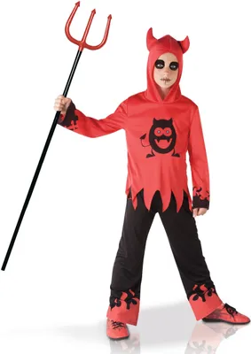 A child wearing a devil costume and holding a trident.