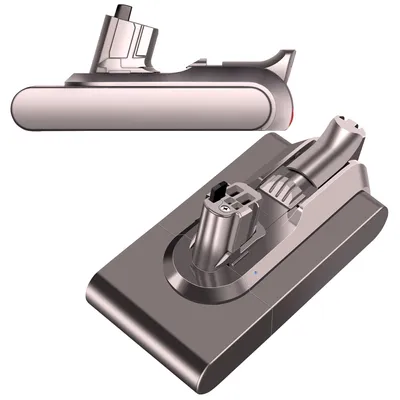 Two views of a vacuum cleaner battery pack, one side view and one angled top view.