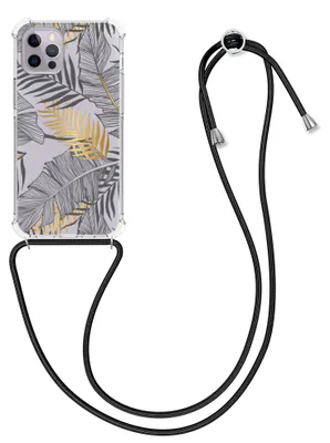 Produktbild von kwmobile Necklace Case kompatibel mit Apple iPhone 12 / iPhone 12 Pro Hülle - Silikon Cover mit Handykette - Gold Grau Transparent Dschungel