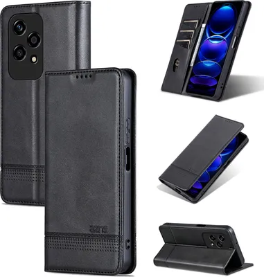 Obrázek produktu pro Kožené pouzdro pro Honor 200 Lite, skládací peněženkové pouzdro s magnetickým uzávěrem a stojánkem černé