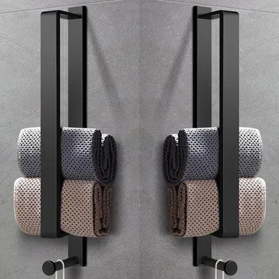 Produktbild von Famanu Handtuchstange 2er Set - Selbstklebend, Edelstahl, Matt Schwarz, 43,5 cm mit Haken für Bad und Küche