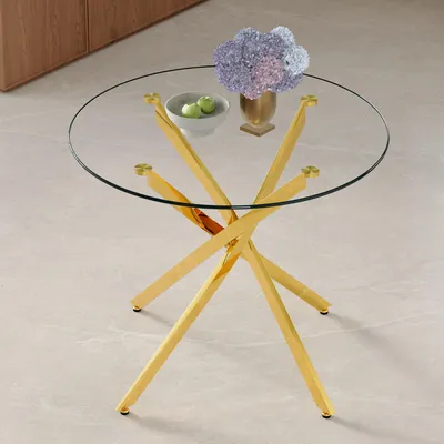 Produktbild von Runder Esstisch Ø88cm – s Leicht-Design, gehärtetes Glas, goldenes Metallgestell, modern & schlicht, für 2-4 Personen, ideal für kleine Essbereiche, Gold