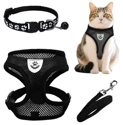 Produktbild von Katzengeschirr mit Leine Ausbruchsicher S Schwarz Atmungsaktiv Mesh