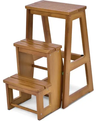 Image de Escabeau en bois - Échelle de ménage pliante à 3 marches - Charge maximale : 150 kg - Hauteur : 66 cm - Échelle stable - Couleur : kaki