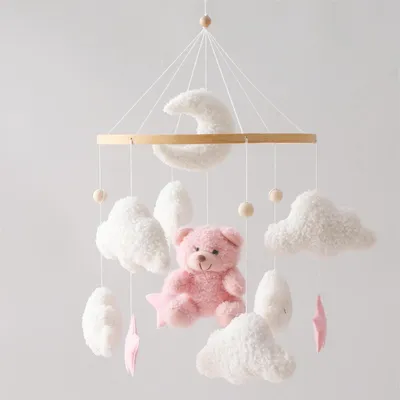 Image de Mobile pour bébé, ours en peluche, velours, décoration pour chambre d'enfant, rose
