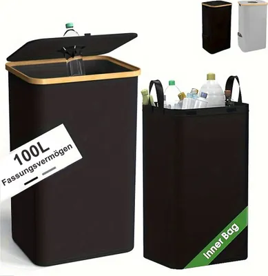 A product shot of a black laundry hamper with a lid, and a smaller hamper filled with bottles. There are also smaller images of the hampers in black and white.