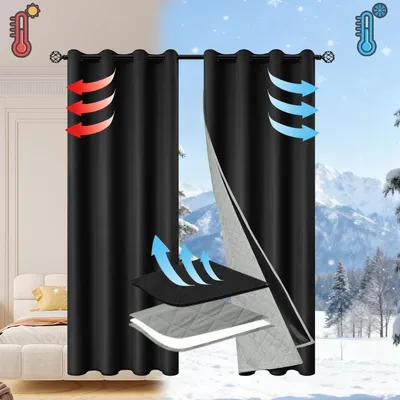 Produktbild von INF Schwarzer 2-in-1 Wintervorhang - Thermoisoliert, Winddicht, Verdunkelnd, 132x241cm