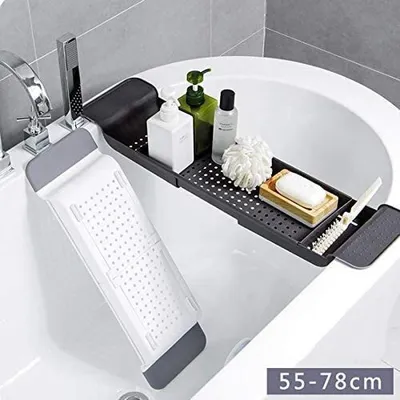 Produktbild von Badewannenablage, ausziehbar, Weinhalter, Buchstütze, Seifenablage, Badewannenaufsatz，56*17*6,5cm