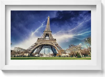 Produktbild von Eiffelturm, Blitze und Gewitter– Wandbild mit Rahmen – Gerahmtes Bild  – Wanddekoration – 30x20 cm –  Weiß Rahmen