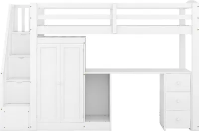 Produktbild von Hochbett mit Kleiderschrank und Treppe, Schreibtisch und Schubladen und Schrank in einem