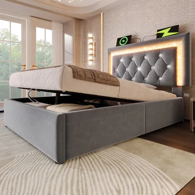 Productafbeelding van Boxspringbed 90x200, fluweel, LED-diamantband, USB & USB-C, hydraulische opbergruimte, lattenbodem, zonder matras.