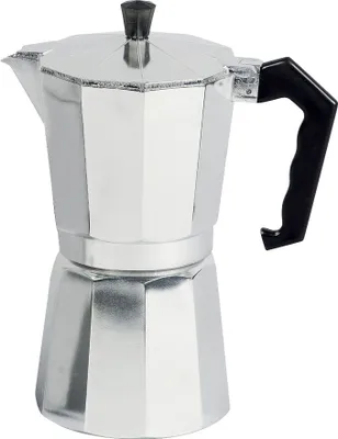 A silver moka pot with a black handle against a white background.