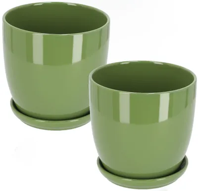 Productafbeelding van KOTARBAU® Set van 2 keramische bloempotten voor bloemen en planten, diameter 15 cm, met lekbak, groen