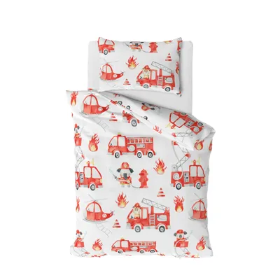 Produktbild von Babybettwäsche Little Hero 100x135 + 40x60 cm 100 % Baumwolle in Renforcé,  Feuerwehr, Rot/ Weiß, Feuerwehrauto