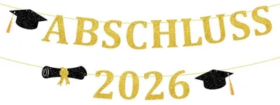 Productafbeelding van Afstudeergirlande 2026, goud met glitter, met afbeelding van een afstudeermuts