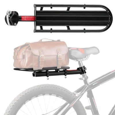 Produktbild von Gepäckträger für das Heck, aus Aluminiumlegierung, verstellbar mit Schnellspanner, geeignet für Mountainbikes, Rennräder und Citybikes, maximale Traglast 10 kg.