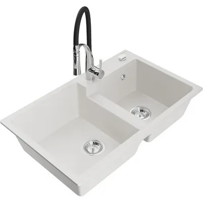 Obrázok produktu pre Mexen Tomas granitový dvojkomorový drez s kuchynskou batériou Aster, Biela - 6516-20-73450-07