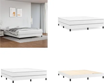 A collage of images showing a white boxspring bed and its components.