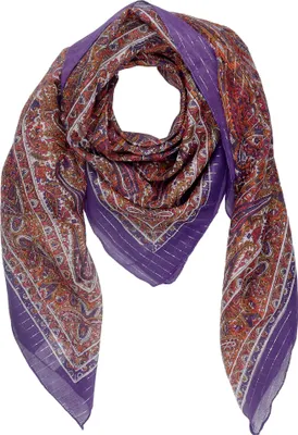 Produktbild von Baumwolltuch Paisley groß klein allover Muster11 lila Lurex silber quadratisches Tuch