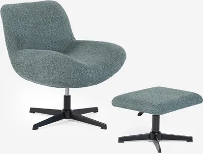 Produktbild von Sessel Wohnzimmer ergonomisch drehbar aus Bouclé mit Fußstütze Janes - Blau