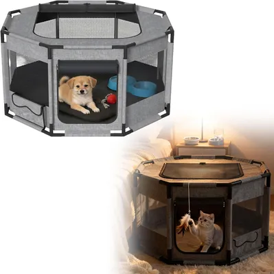Image de ROSEJANE, enclos pour chiots de 81 x 81 x 45 cm, fabriqué en tissu Oxford 600D, parc pliable pour chiens et chats, avec filet respirant, fermeture éclair et poche latérale, adapté aux animaux jusqu'à 11 kg, de forme octogonale