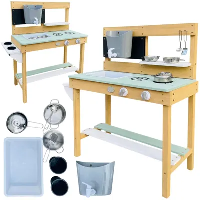 Produktbild von AXI Puck Spielküche / Kinderküche aus Holz in Braun & Grün | Outdoor Spielzeugküche / Sandküche mit 6 teiligem Zubehör Set | 80x33x88 cm