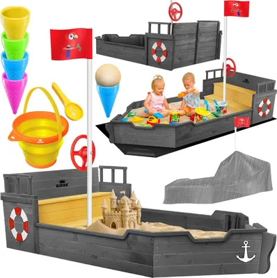 Produktbild von KIDIZ® Sandkasten Ahoi - Piratenschiff Boot Segelschiff aus Holz Inkl. Abdeckung, Bodenplane, Sitzbank, Flaggenmast, Sandspielzeug  | Große Kinder Sandkiste für den Garten | Outdoor Sandbox