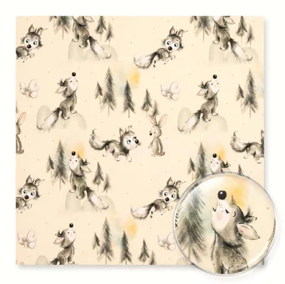 Swafing Jersey Jerry in Beige mit Aquarell-Wölfen und Hasen – Detailansicht der Stoffstruktur und Musterwiederholung.