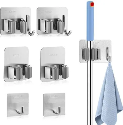 Productafbeelding van Ibenzoa® zelfklevende roestvrijstalen mop- en bezemhouder voor wandmontage, vochtbestendig en roestvrij, 2 houders + 2 verstelbare haken, ruimtebesparend