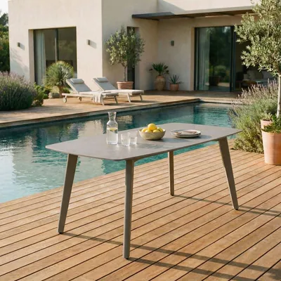 Produktbild von Gartentisch MEZA mit Keramik- Platte 180x90 cm, Champagner – robuster Terrassentisch aus Sinterstein und Aluminium für Garten Balkon und Terrasse, wetterfest und pflegeleicht