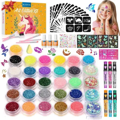 Produktbild von Glitzer Tattoo Set Kinder – 6 Stifte + 31 Farben + 178 Schablonen
