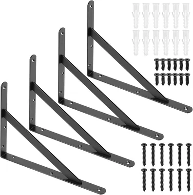 Productafbeelding van Wandplankbeugels, driehoekig, 4 stuks, 28 x 10 x 21 cm, van zwart ijzer, voor gebruik in de keuken