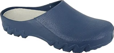 A single blue clog shoe is shown from a side-angle on a white background.