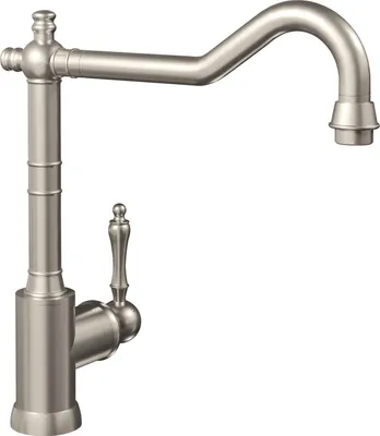 A studio shot of a kitchen faucet against a white background.