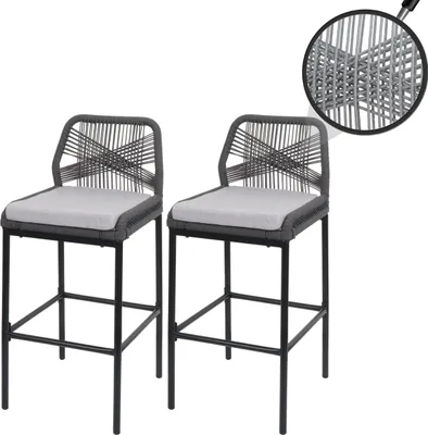 Produktbild von 2er-Set Rope-Barhocker HWC-O21, Outdoor Sitzpolster Seilgeflecht Metall  anthrazit, Kissen hellgrau