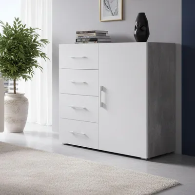 Immagine prodotto di Credenza moderna con anta e 4 cassetti, grigio bianco