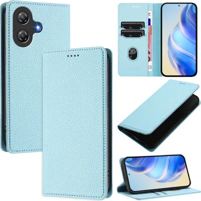 Image de Etui en cuir pour Ulefone Note 21, cuir Litschi, étui portefeuille avec fentes pour cartes et support bleu clair