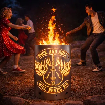 Zdjęcie produktu dla Beczka na ognisko, kosz na ognisko, miska na ognisko, beczka na ognisko z motywem Rock and Roll - Will never die