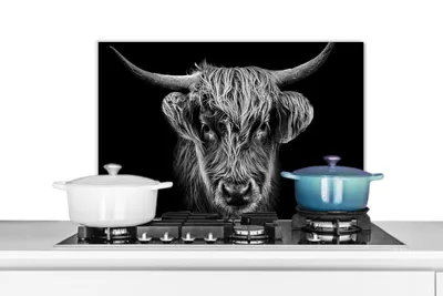 Obrázok produktu pre MuchoWow® Splashback Kuchyňa - Kuchynský backsplash - Ochrana steny pre sporák a drez Škótsky horal - Čierny - Krava - Zvieratá 60x40cm Alu-Dibond