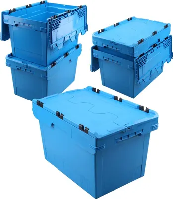 Produktbild von Set, 5x Mehrwegbehälter mit Klappdeckel, blau, verplompbar, LxBxH 600 x 400 x 350 mm, 58 Liter